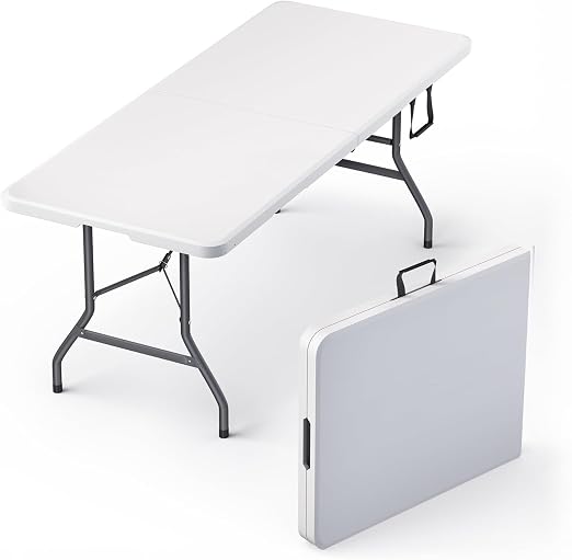 Pureegg 6FT Folding Table - No Assembly Required, Versatile Dining Table with Carrying Handle & Tabletop Safety Lock, Portable Foldable Table for Party, Craft, Camping, Picnic, White